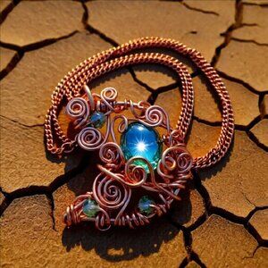 Uniquely Handmade & Wire Wrapped Copper Moon Pendant + Chain ~ Curlz + Swirlz!
